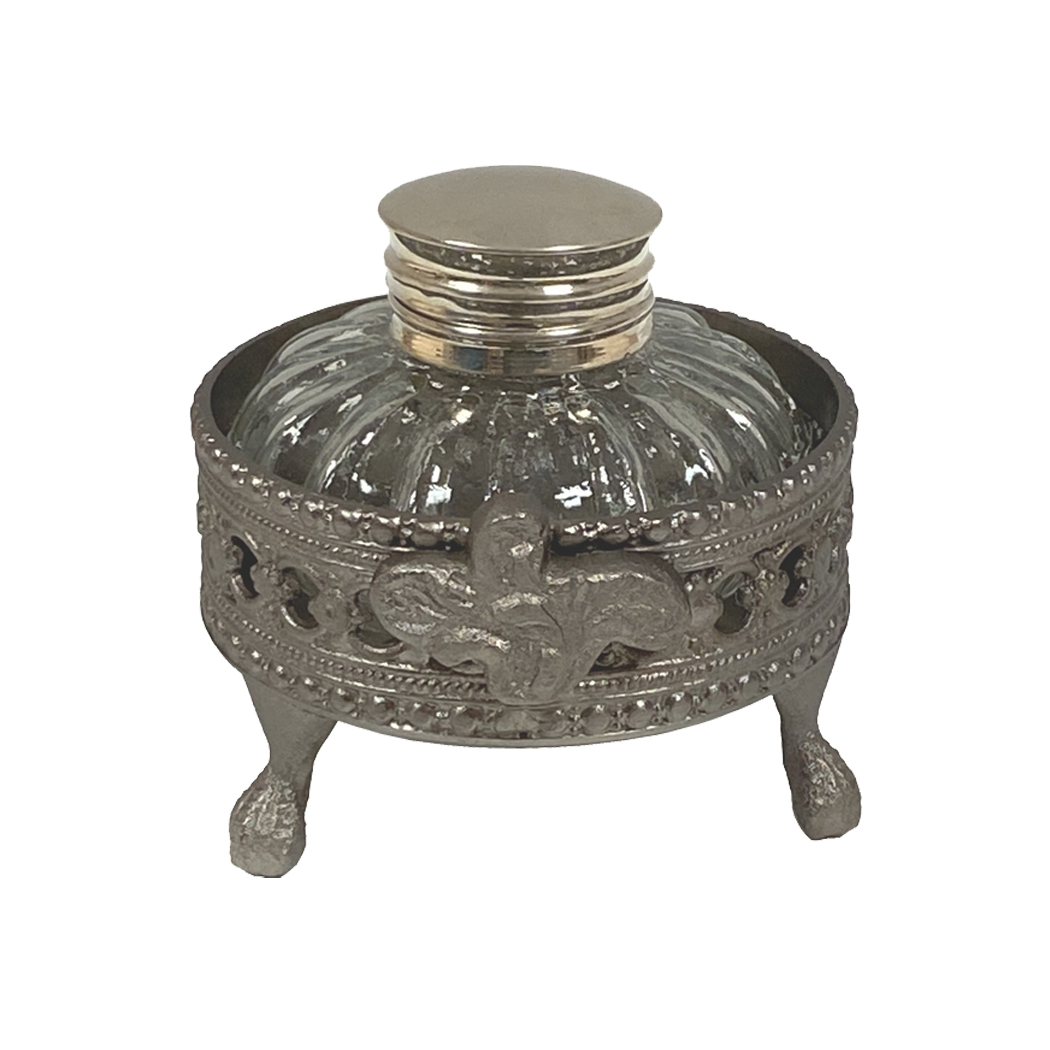 4 Pewter-Plated Inkwell Stand w/ Clear Glass Inkwell