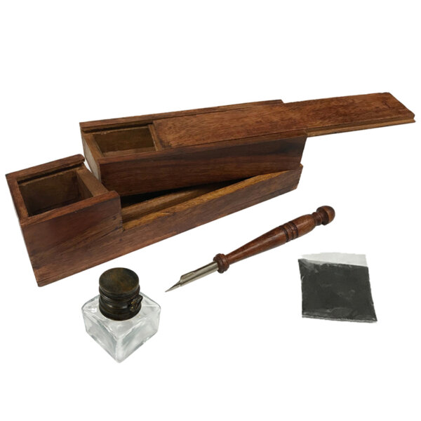 Writing Boxes & Travel Trunks Writing 10″ Colonial Distressed Wood Traveling Writing Box with Clear Glass Inkwell –  Black Ink Powder and Wood Nib Pen