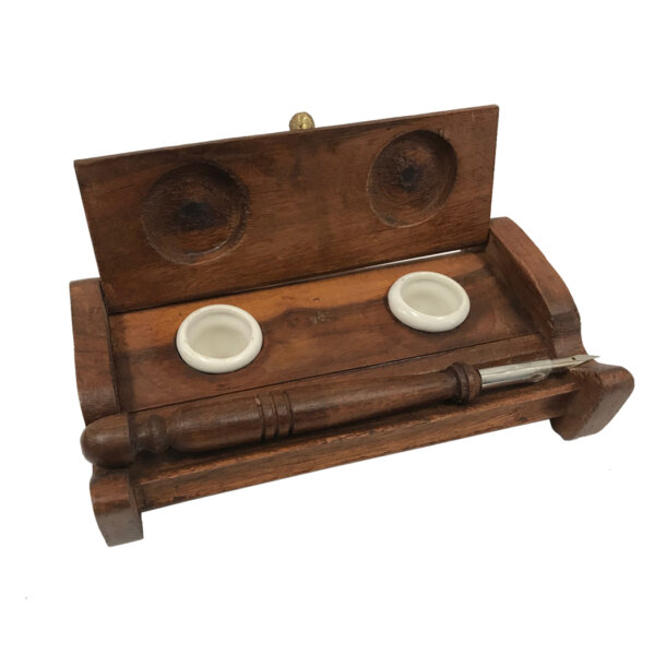 Writing Boxes & Travel Trunks Writing 7″ Wood Inkwell Stand with Two Clay Inkwells and Wood Nib Pen- Colonial Reproduction Antique Vintage Style