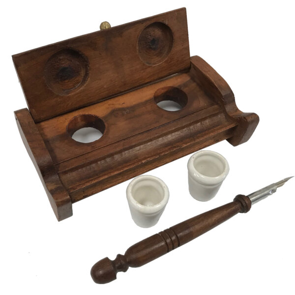 Writing Boxes & Travel Trunks Writing 7″ Wood Inkwell Stand with Two Clay Inkwells and Wood Nib Pen- Colonial Reproduction Antique Vintage Style