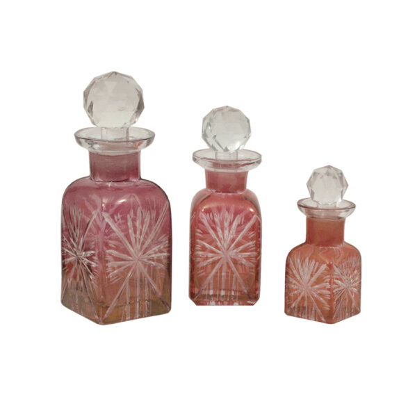 Early American Life Early American Set of 3 Victorian Hand-Cut Rose Colored Glass Perfume Bottles- Antique Vintage Style