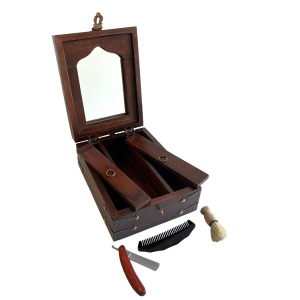 Writing Boxes & Travel Trunks Early American 8″ Colonial Wood Traveling Shaving Box with Accessories