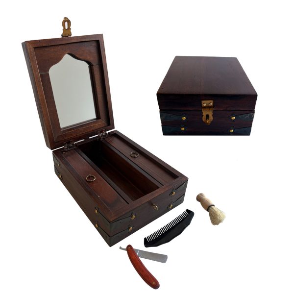 Writing Boxes & Travel Trunks Early American 8″ Colonial Wood Traveling Shaving Box with Accessories