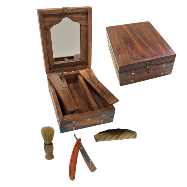 Writing Boxes & Travel Trunks Early American 8″ Colonial Wood Traveling Shaving Box –  Brush –  Razor and Comb –  Antique Vintage Style