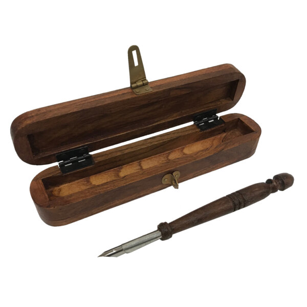 Writing Boxes & Travel Trunks Writing 8″ Wood Single Pen Box with 7″ Wooden Nib Pen