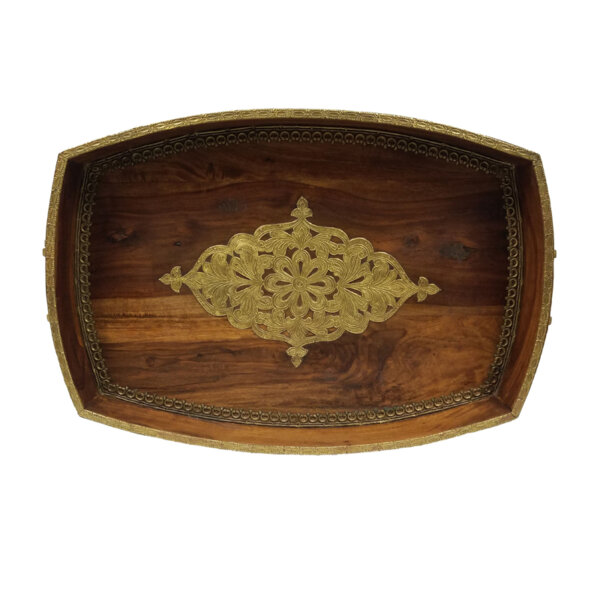 Trays & Barware Early American Solid Wood Serving Tray with Brass Inlaid Accents and Trim – 22-1/2″ x 15-1/2″