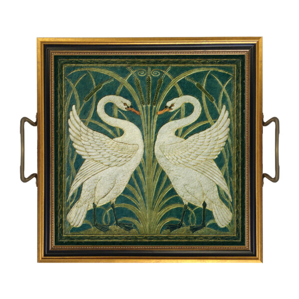 Trays & Barware Early American Two White Swans Tray with Brass Handles –  11-1/2″ X 11-1/2″