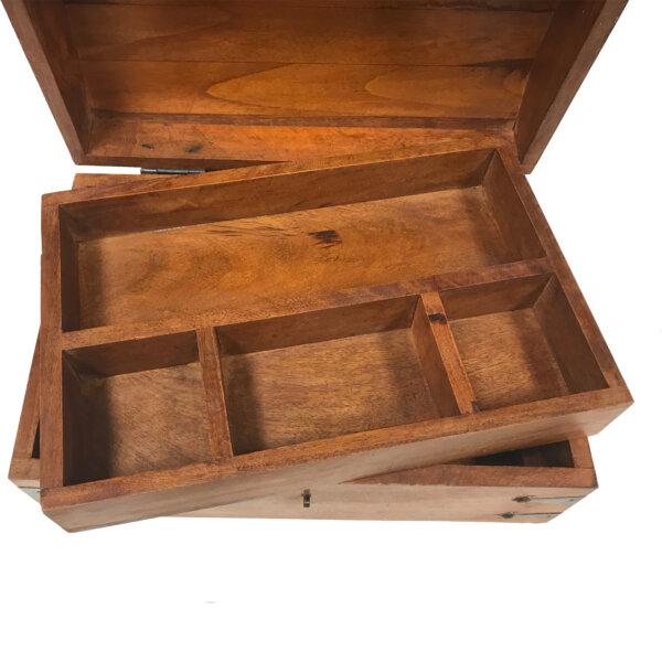 Writing Boxes & Travel Trunks Writing 14″ Colonial Traveling Wood Chest including Wooden Travel Mirror –  Horn Comb and 18th Century Playing Cards –  Antique Vintage Style