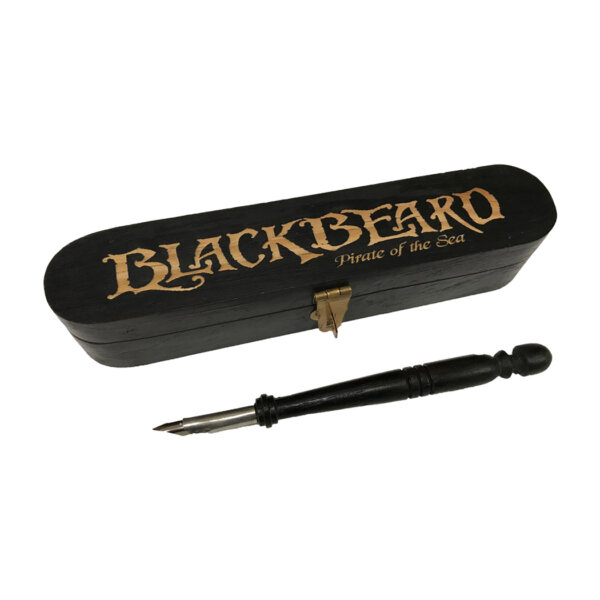 Writing Boxes & Travel Trunks Pirate Engraved Blackbeard Pirate of the Sea Antiqued Vintage Solid Mango Reproduction Pen Box with Black Wood Nib Pen