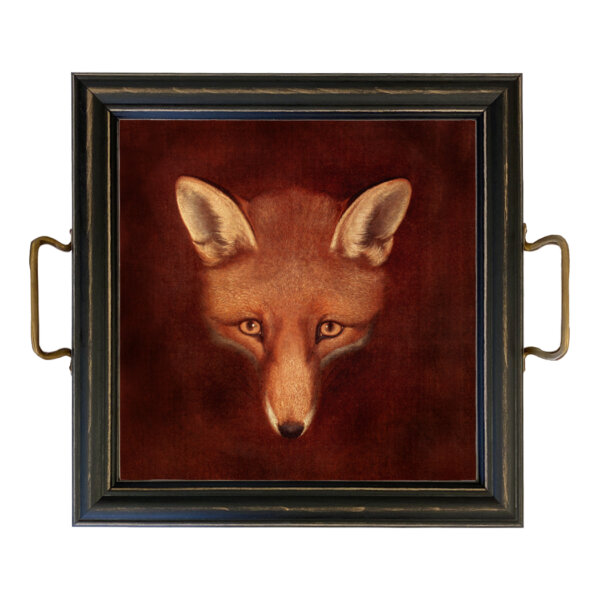 Trays & Barware Equestrian 12″ Fox Head Tray with Brass Handles and Rustic Distressed Wood Frame