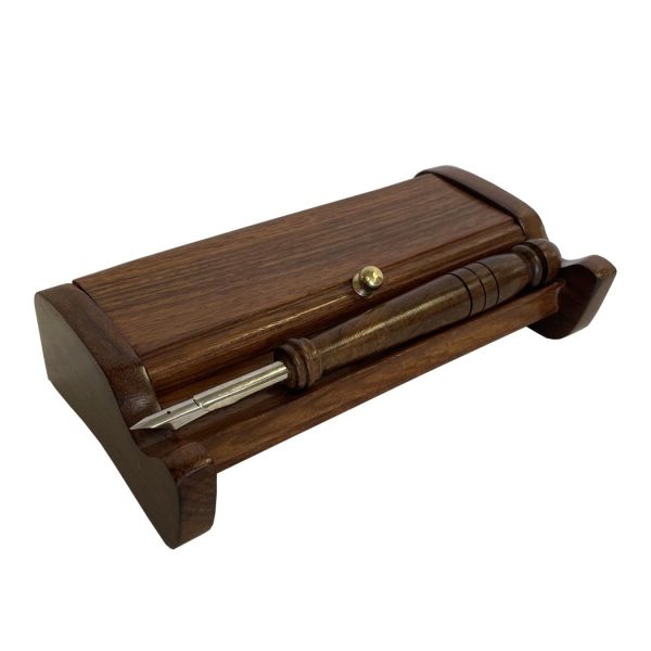 Writing Boxes & Travel Trunks Writing 7″ Wood Inkwell Stand w/ Two Clay Inkwells, Wood Pen and Ink Powder