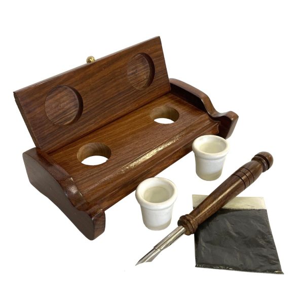 Writing Boxes & Travel Trunks Writing 7″ Wood Inkwell Stand w/ Two Clay Inkwells, Wood Pen and Ink Powder