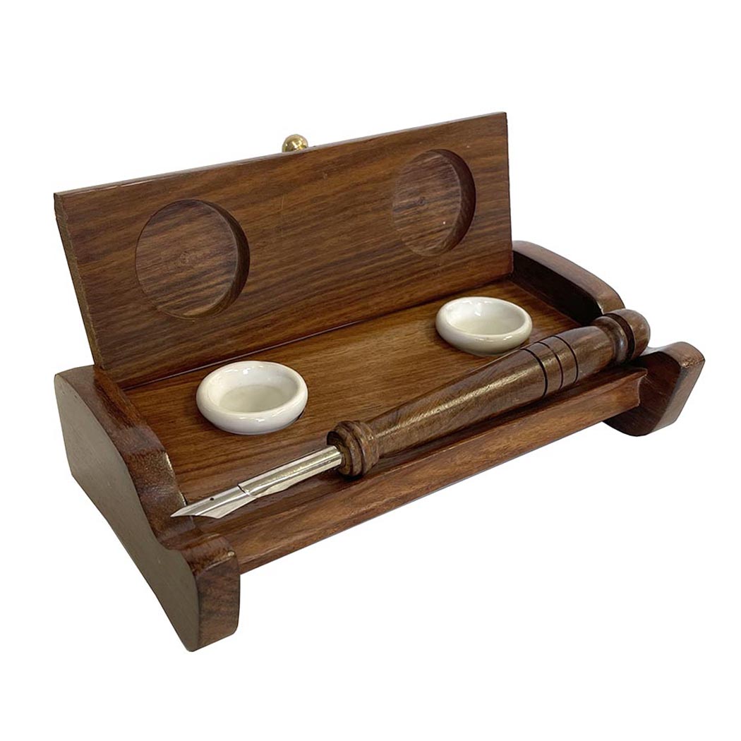 Writing Boxes & Travel Trunks Writing 7″ Wood Inkwell Stand w/ Two Clay Inkwells, Wood Pen and Ink Powder