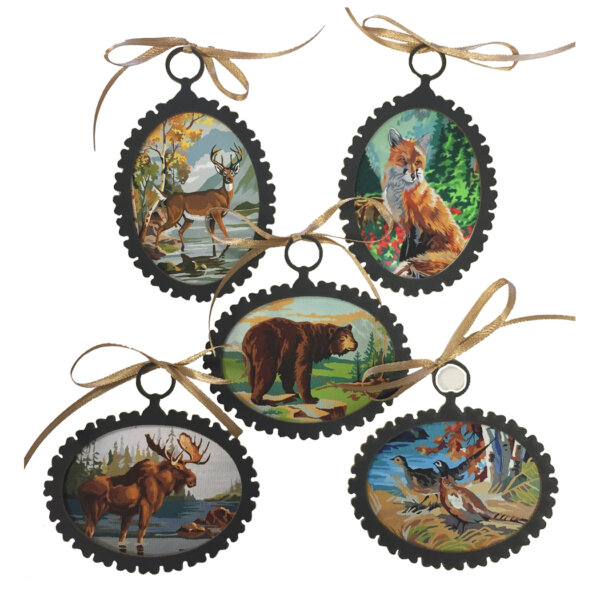 Lodge & Equestrian Decor Equestrian Set of 5 Wildlife Paint-by-Number Ornaments with Gold Ribbon
