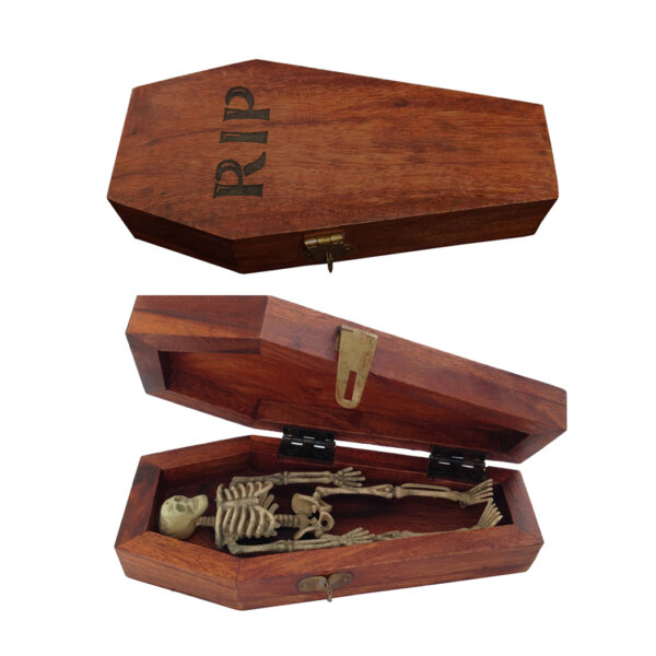 Decorative Boxes Halloween 7″ Wood Coffin Box with Skeleton RIP Antique Vintage Reproduction Gothic Trinket Halloween Home Decor Party Gift Prop