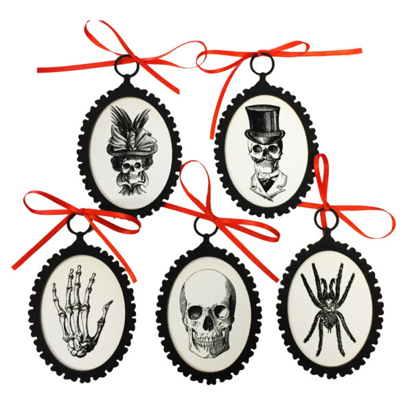 Halloween Decor Halloween Set of 5 Halloween Skeleton Ornaments with Orange Ribbon Vintage Style