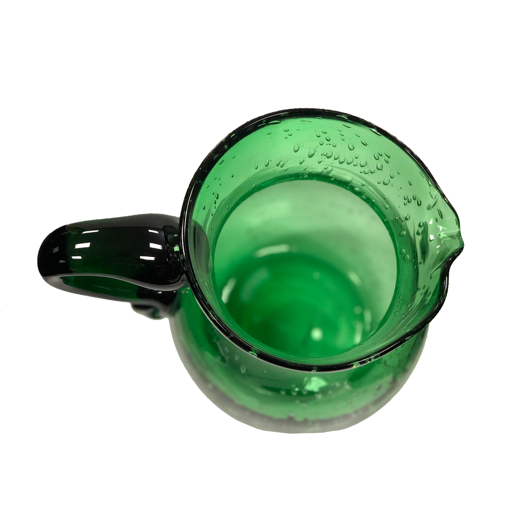 VINTAGE UNIQUE HAND BLOWN GREEN GLASS SMALL MINI PITCHER W SPOUT & HANDLE  3-3/4