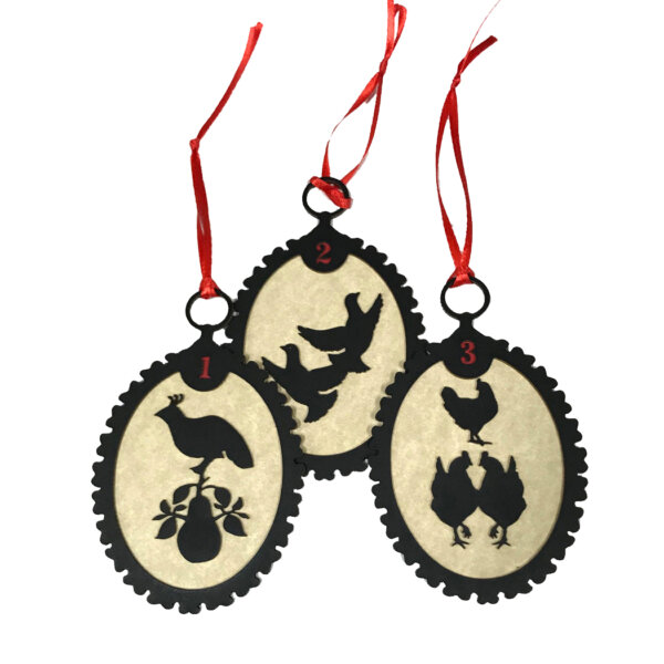Christmas Decor Christmas 12 Days of Christmas Silhouette Ornaments with Antiqued Paper and Red Ribbon