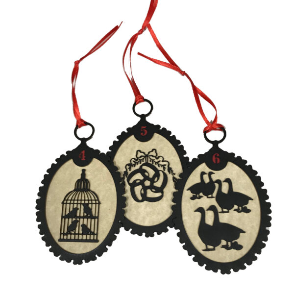 Christmas Decor Christmas 12 Days of Christmas Silhouette Ornaments with Antiqued Paper and Red Ribbon