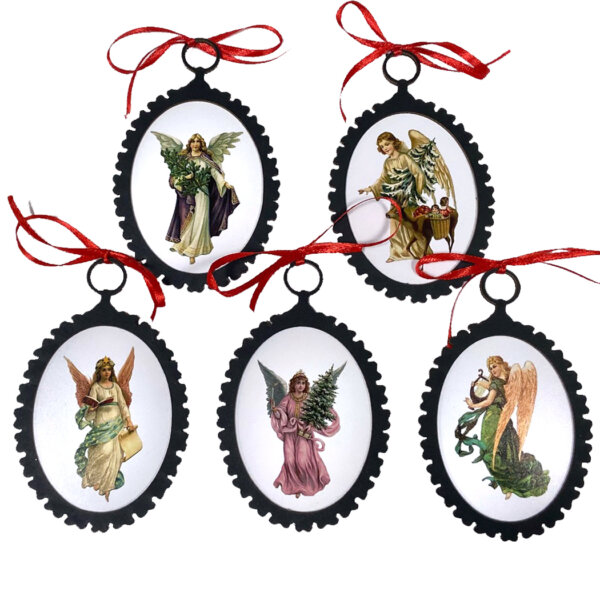 Christmas Decor Christmas Set of 5 Vintage Victorian Angel Ornaments with Red Ribbon