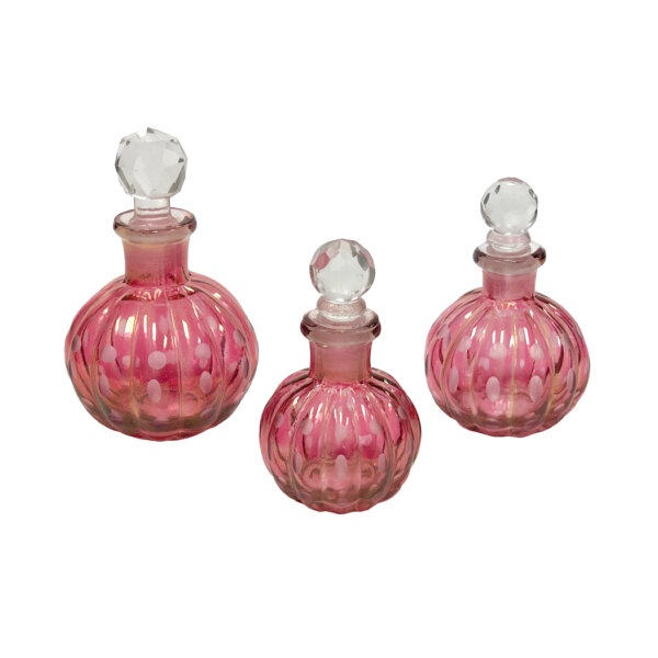 Early American Life Early American Set of 3 Victorian Cut Glass Swirl Rose-Colored Glass Perfume Bottles- Antique Vintage Style