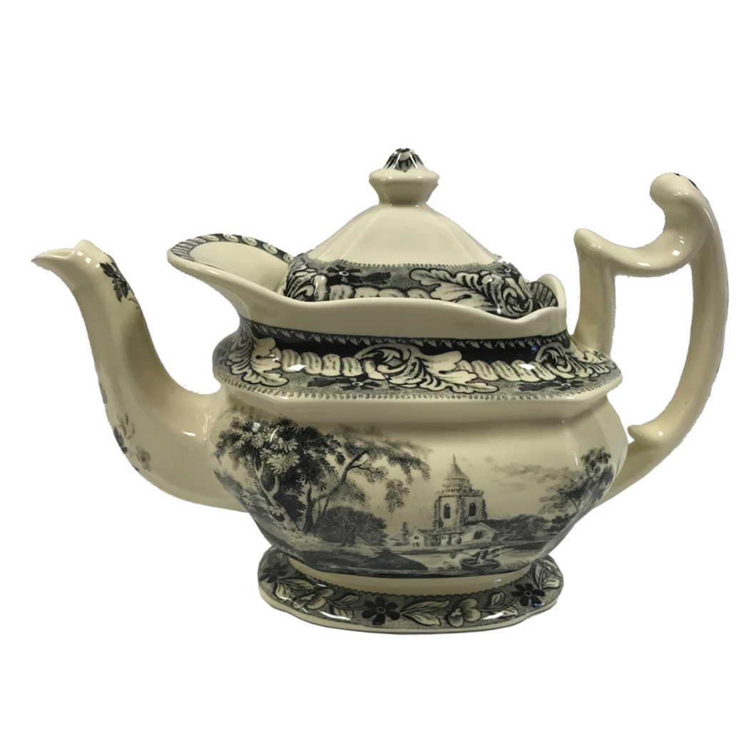 Pagoda Blue Transferware Porcelain Tea Set With Tray Antique