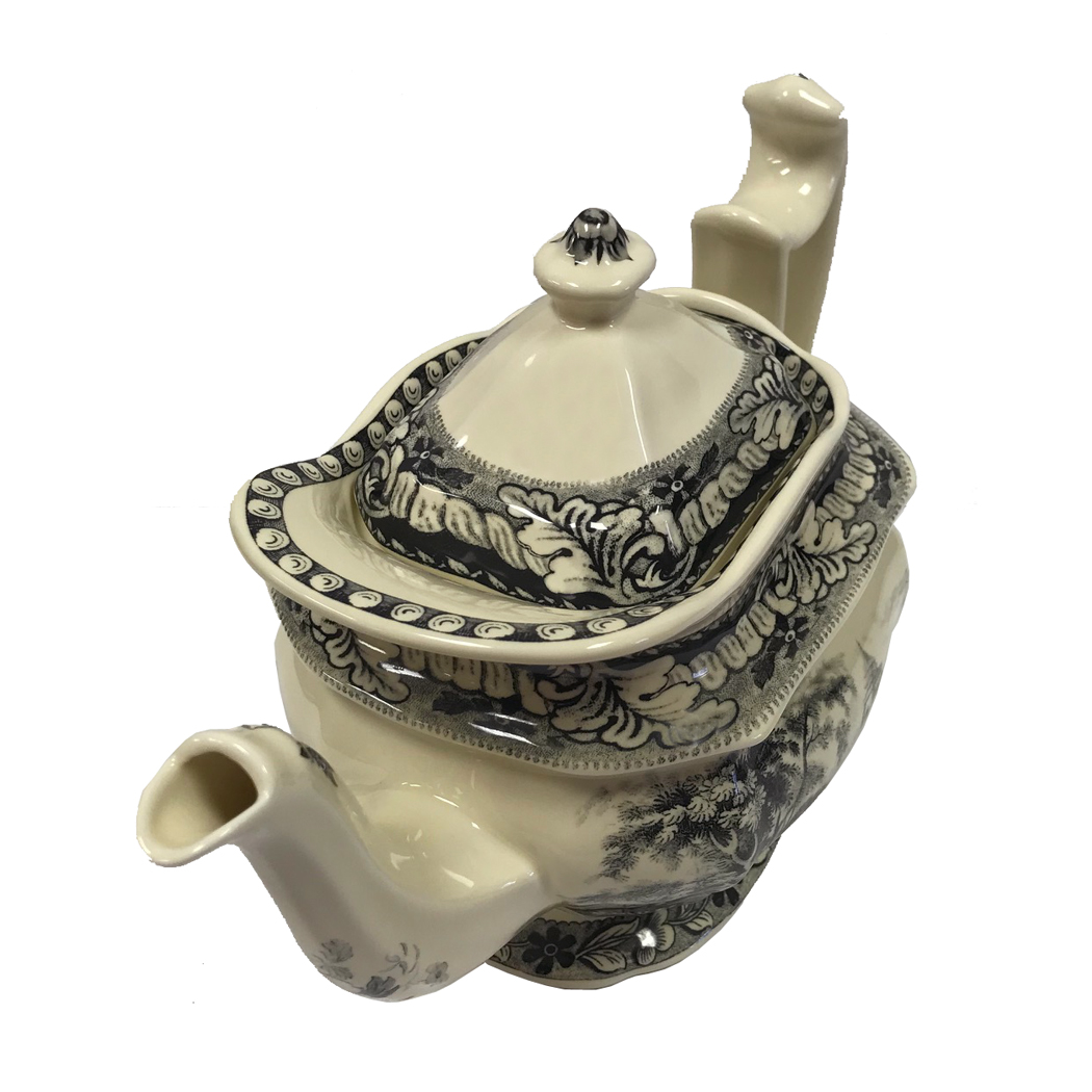 Pagoda Blue Transferware Porcelain Tea Set With Tray Antique
