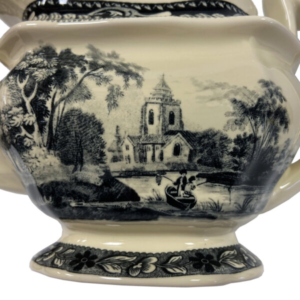 Teaware Teaware 11″ Pond Fishing Transferware Porcelain Teapot Antique Reproduction