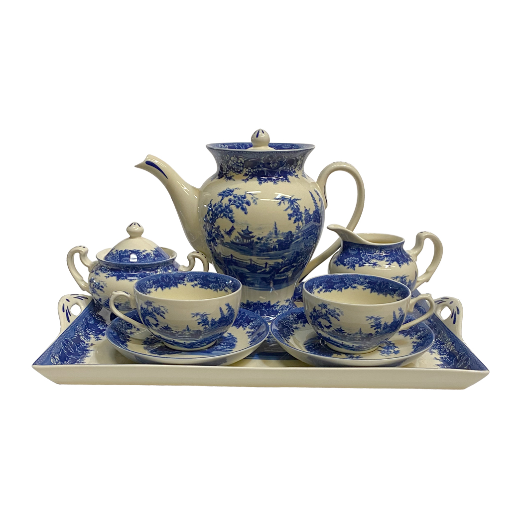 Pagoda Blue Transferware Porcelain Tea Set with Tray