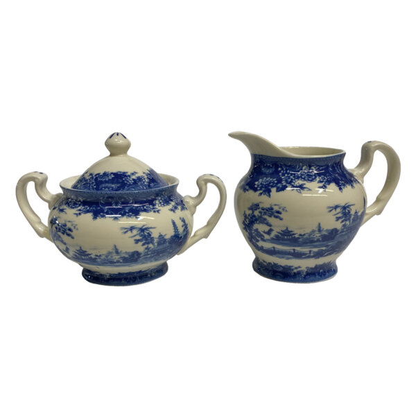 Teaware Teaware Pagoda Blue Transferware Porcelain Tea Set with Tray – Antique Reproduction –  Teapot 46 oz –  Tea Cup 6 oz –  Creamer 10 oz