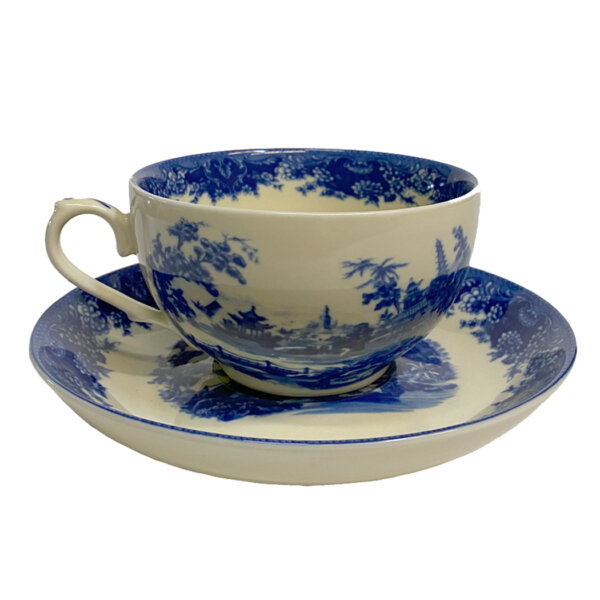 Teaware Teaware Pagoda Blue Transferware Porcelain Tea Cup and Saucer – Antique Reproduction