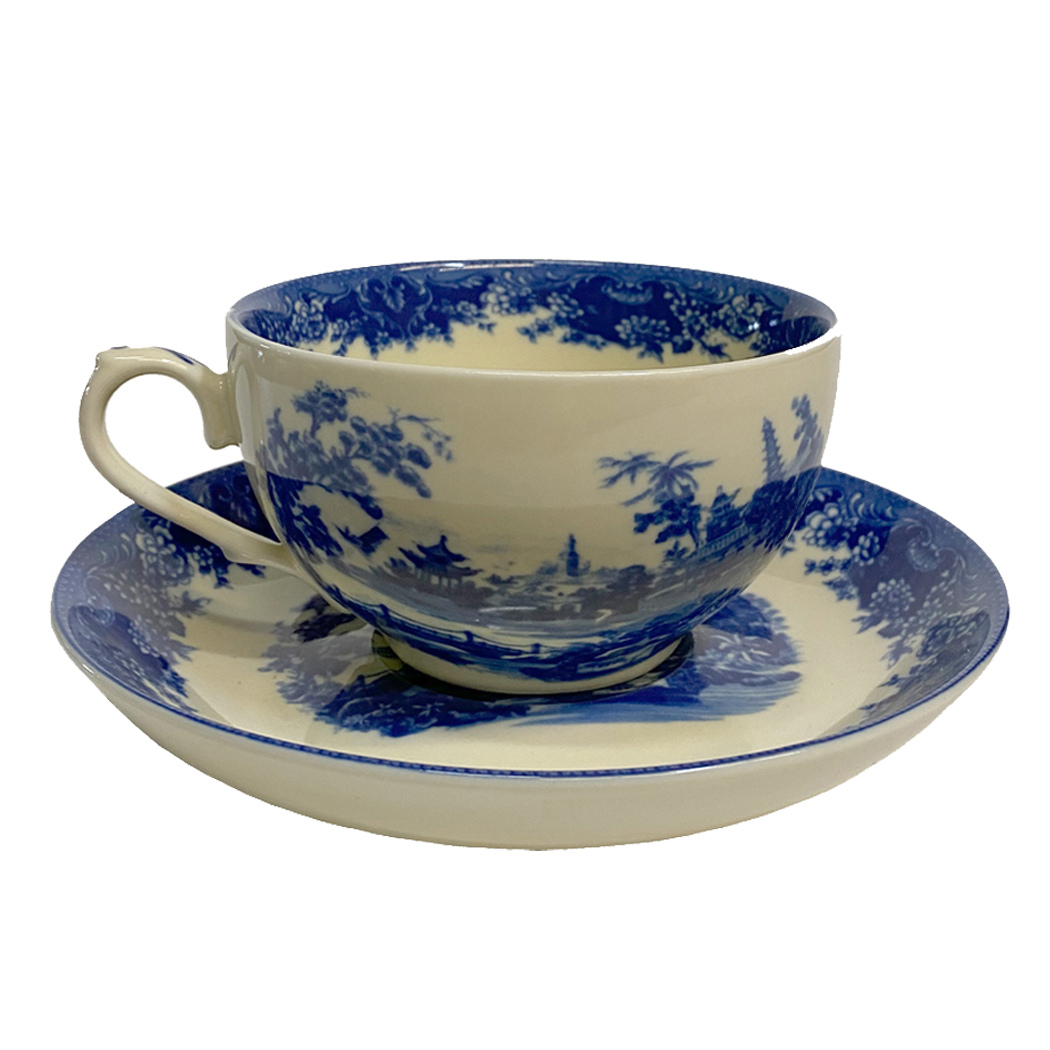Pagoda Blue Transferware Porcelain Tea Cup and Saucer