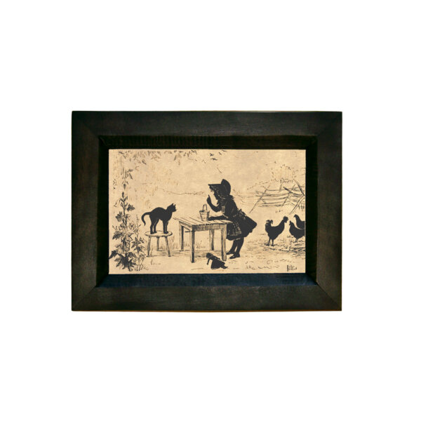 Farm/Pastoral Farm Girl with Cat and Hens Printed Silhouette in Black Frame. A 4 x 6″ Framed to 5-1/2 x 7-1/2″