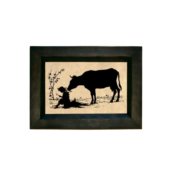 Cow Eating Pigtails Printed Silhouette in Black Frame. A 4 x 6" Framed to 5-1/2 x 7-1/2"
