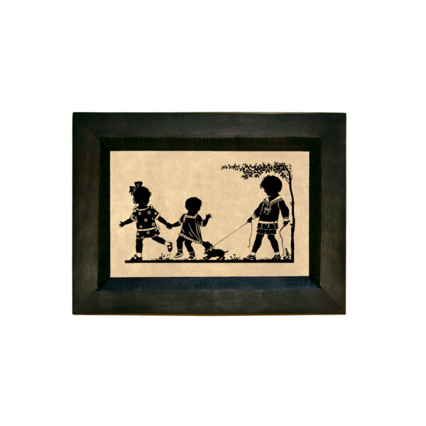 Children with Puppy Printed Silhouette in Black Frame. A 4 x 6" Framed to 5-1/2 x 7-1/2"