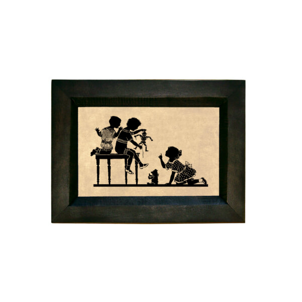 Early American Early American Children with Puppet Printed Silhouette in Black Frame. A 4 x 6″ Framed to 5-1/2 x 7-1/2″