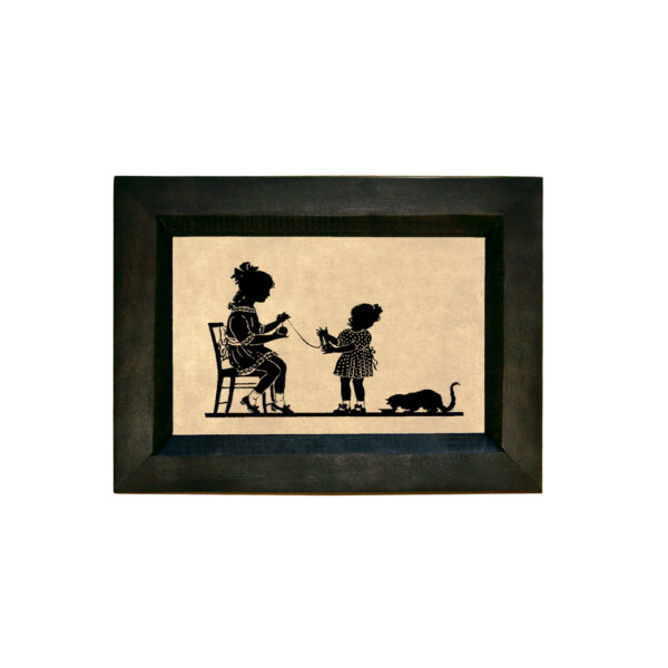 Children Winding Yarn Printed Silhouette in Black Frame. A 4 x 6
