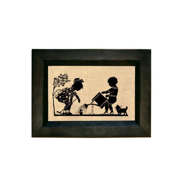 Early American Early American Children Watering Flowers Printed Silhouette in Black Frame. A 4 x 6″ Framed to 5-1/2 x 7-1/2″