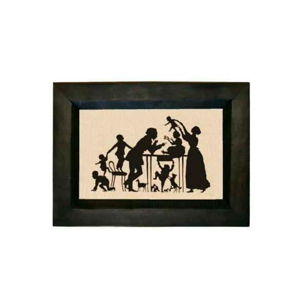 Early American Early American Family at the Table Printed Silhouette in Black Frame. A 4 x 6″ Framed to 5-1/2 x 7-1/2″