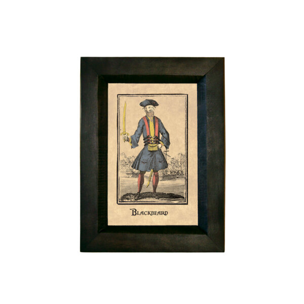 Nautical Pirate Pirate Blackbeard Print Behind Glass in a Black Distressed Solid Wood Frame. A 4 x 6″ framed to 5-1/4 x 7-1/4″.