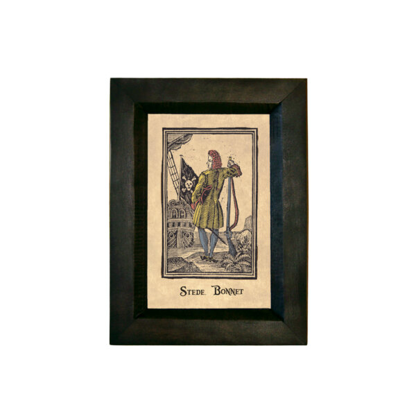 Nautical Pirate Pirate Stede Bonnet Print Behind Glass in a Black Distressed Solid Wood Frame. A 4 x 6″ framed to 5-1/4 x 7-1/4″.