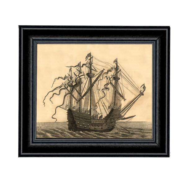 Nautical Nautical 1520 English Ship 4-1/2″ x 5-1/2″ Print Behind Glass. Black Solid Wood Frame. Framed size is 6-1/4″ x 7-1/4″.
