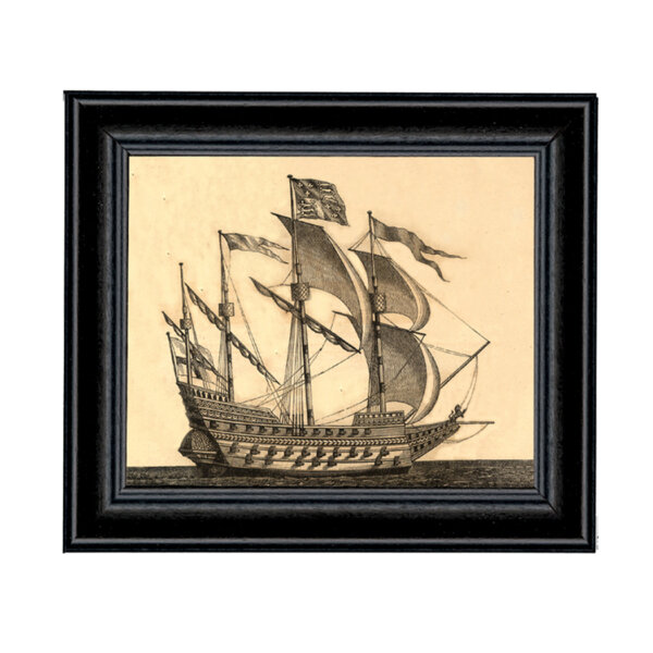 Nautical Nautical 1578 British Ship of War 4-1/2″ x 5-1/2″ Print Behind Glass. Black Solid Wood Frame. Framed size is 6-1/4″ x 7-1/4″.
