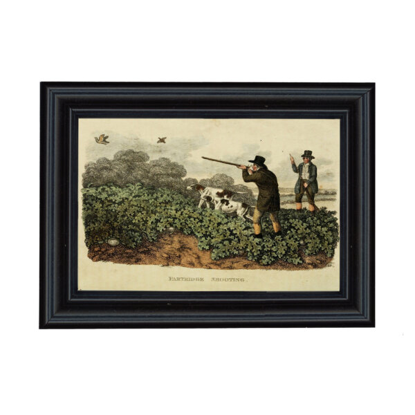 Cabin/Lodge Lodge Partridge Hunting Color Print Behind Glass in Black Solid Wood Frame- Framed to 7-1/4″ x 9-3/4″.
