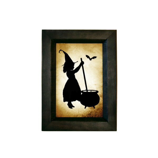 Framed Silhouettes Girl Witch Stirring Pot Printed Paper Silhouette Behind Glass in Black Wood frame. 5-1/2″ x 7-1/2″
