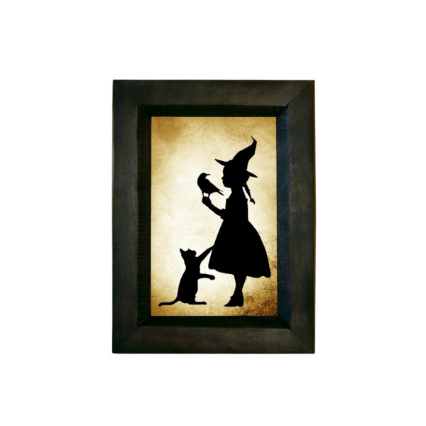 Framed Silhouettes Girl Witch with Raven Printed Paper Silhouette Behind Glass in Black Wood frame. 5-1/2″ x 7-1/2″