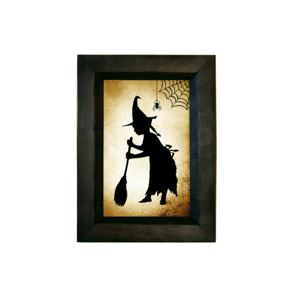 Framed Silhouettes Girl Witch Sweeping Printed Paper Silhouette Behind Glass in Black Wood frame. 5-1/2″ x 7-1/2″