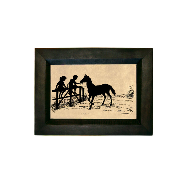 Equestrian/Fox Equestrian Pony with Children on Fence Printed Silhouette in Black Frame. A 4 x 6″ Framed to 5-1/2 x 7-1/2″