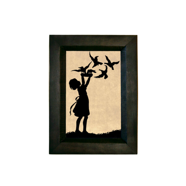 Early American Early American Child Feeding Birds Printed Silhouette in Black Frame. A 4 x 6″ Framed to 5-1/2 x 7-1/2″
