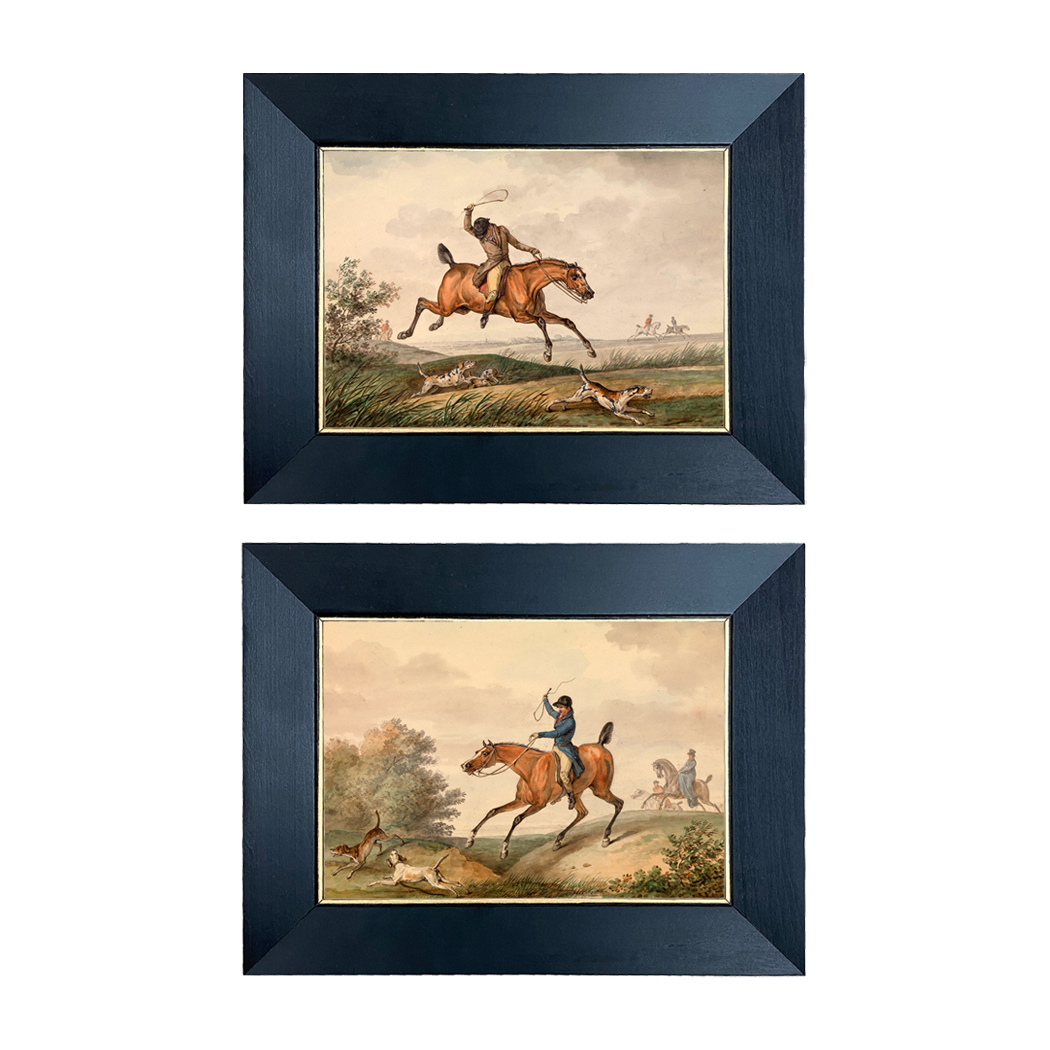 Set of 2 Small Equestrian Fox Chase Scenes Behind Glass in Black and Gold Wood Frames- 5" x 7" Framed to 7" x 9"